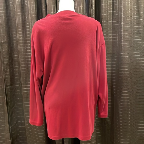 Red cardigan sweater with purple diamond accents. - Picture 2 of 2